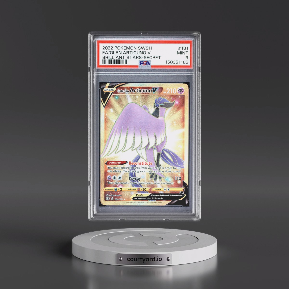 2022 Pokémon Sword & Shield Brilliant Stars #181 Galarian Articuno V - Holo Full Art Secret (PSA 9 MINT)