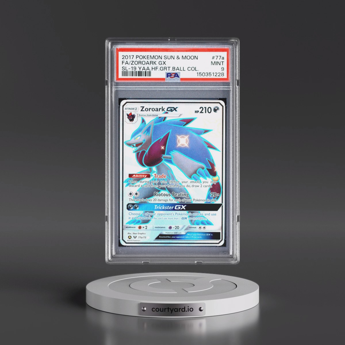 2017 Pokémon Sun & Moon Shining Legends #77a Zoroark GX - Holo Full Art 2019 Yellow A Alternate Art Hidden Fates Great Ball Collection (PSA 9 MINT)