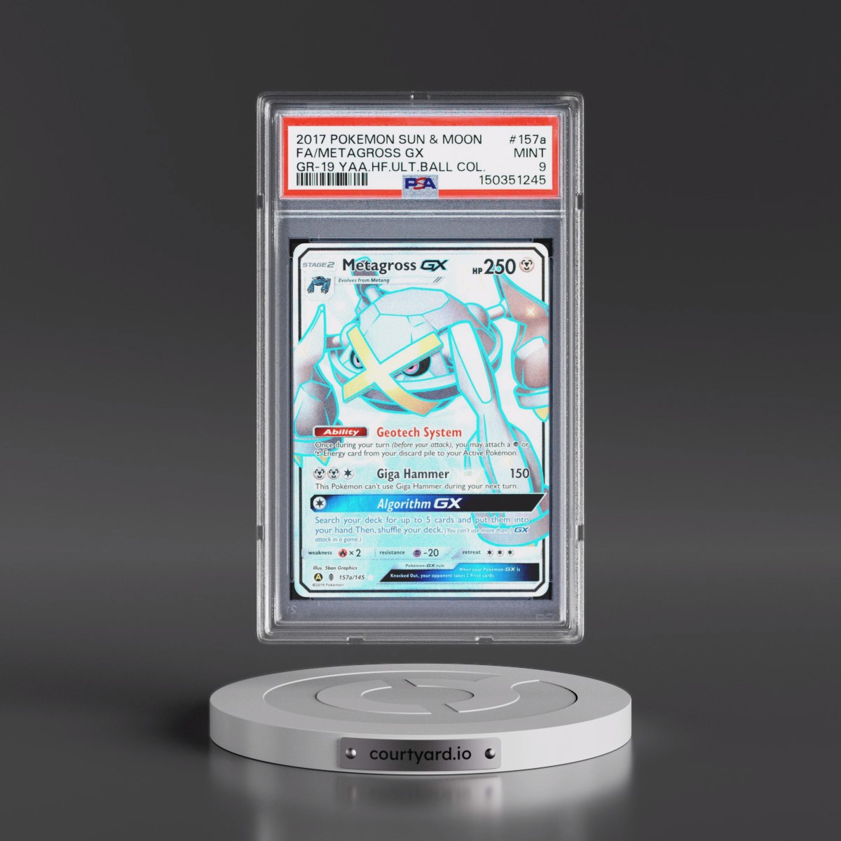 2017 Pokémon Sun & Moon Guardians Rising #157a Metagross GX - Holo Full Art 2019 Yellow A Alternate Art Hidden Fates Ultra Ball Collection (PSA 9 MINT)