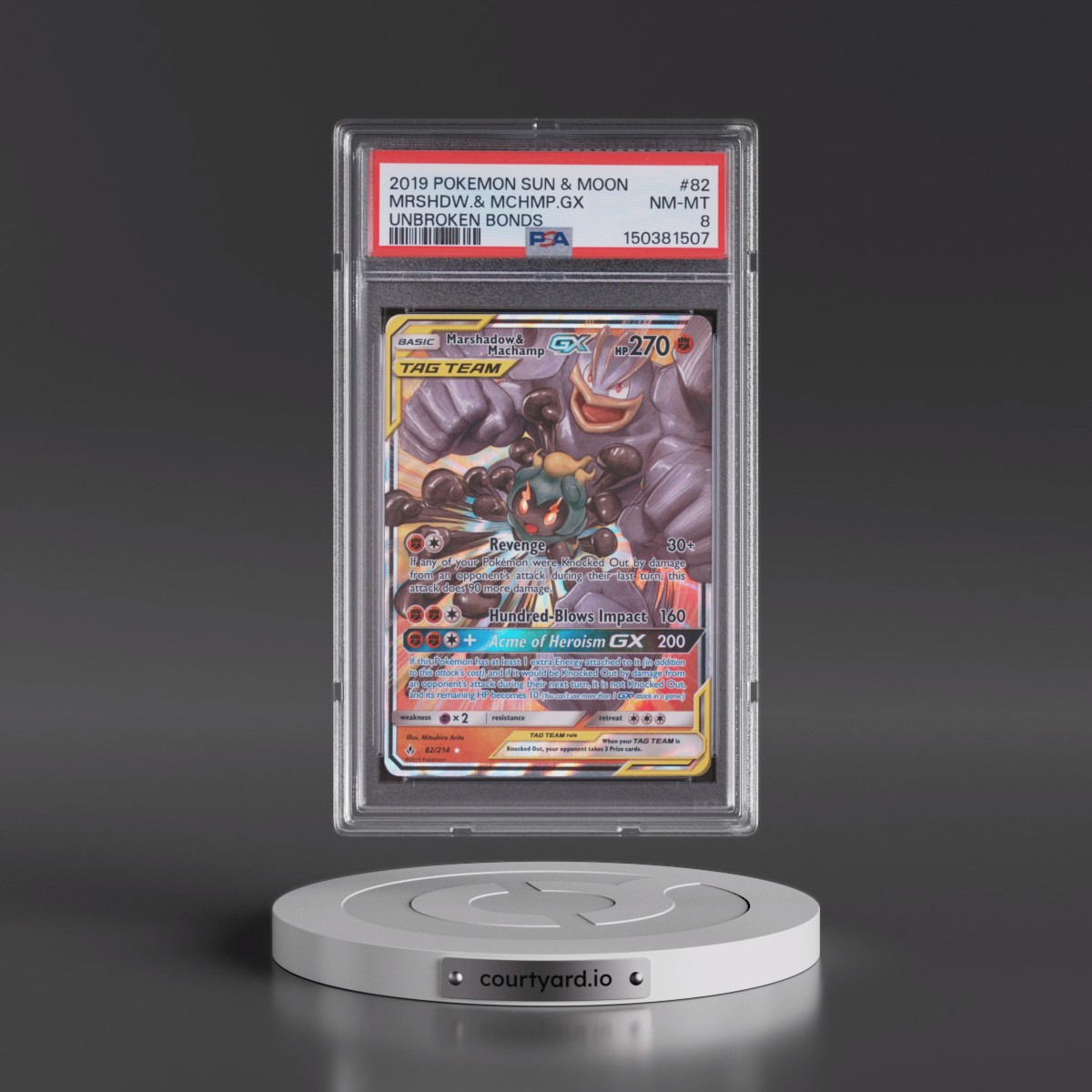 2019 Pokémon Sun & Moon Unbroken Bonds #82 Marshadow & Machamp GX - Holo (PSA 8 NM-MT)