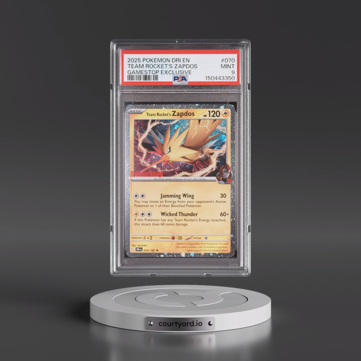 2025 Pokémon Dri EN-Destined Rivals #070 Team Rocket's Zapdos - Gamestop Exclusive (PSA 9 MINT)