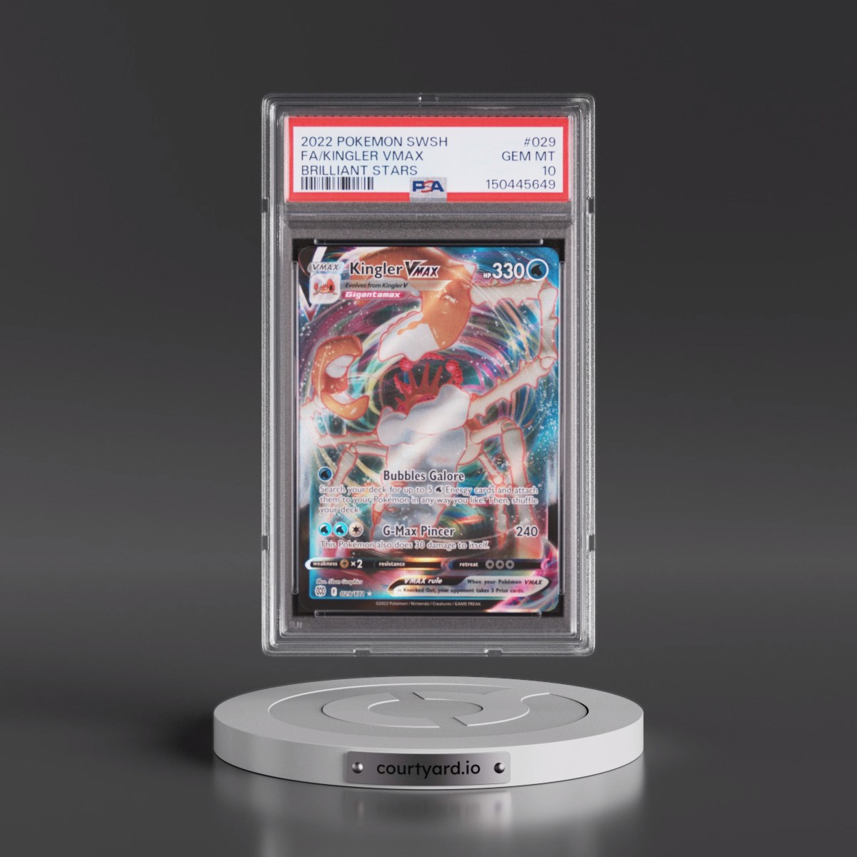 2022 Pokémon Sword & Shield Brilliant Stars #029 Kingler Vmax - Full Art (PSA 10 GEM MINT)