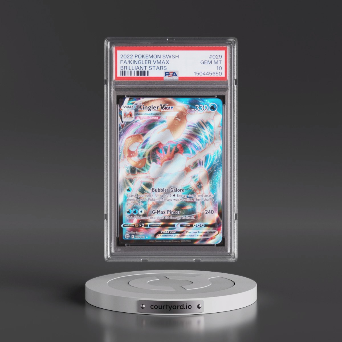 2022 Pokémon Sword & Shield Brilliant Stars #029 Kingler Vmax - Full Art (PSA 10 GEM MINT)