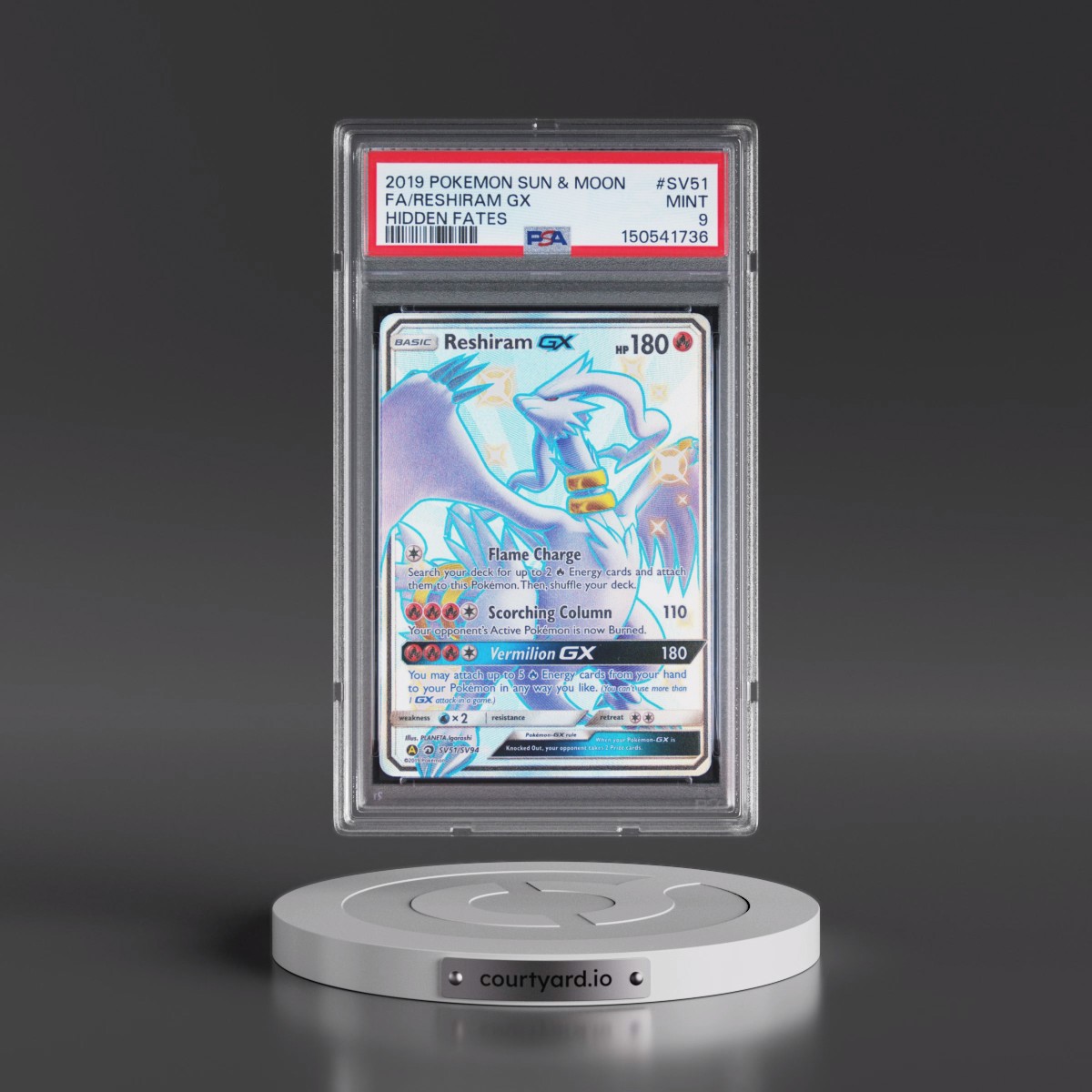2019 Pokémon Sun & Moon Hidden Fates #SV51 Reshiram GX - Holo Full Art (PSA 9 MINT)