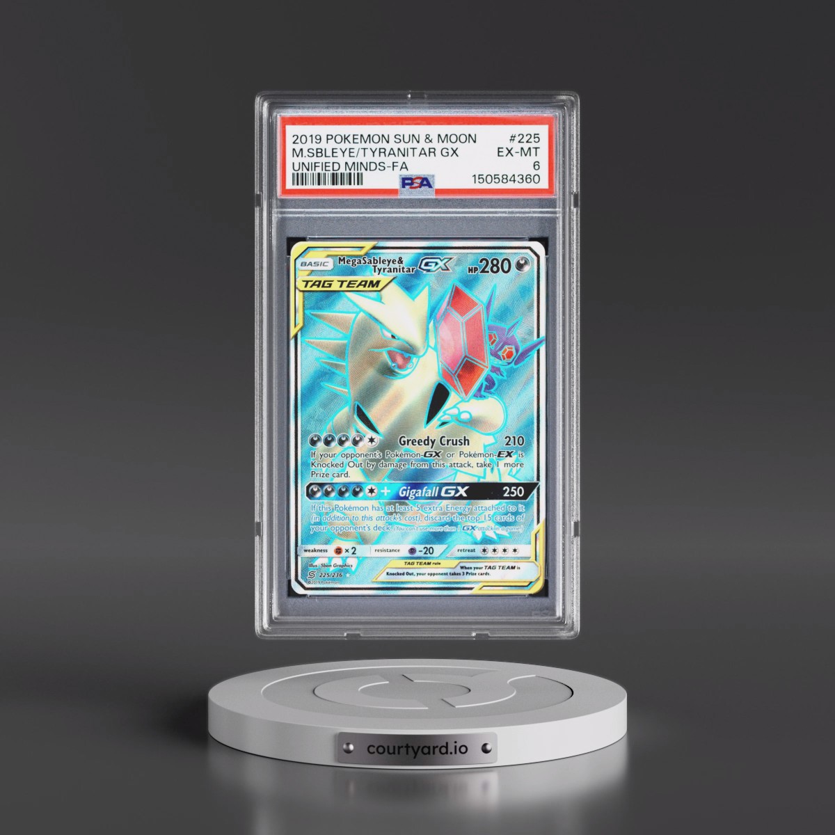 2019 Pokémon Sun & Moon Unified Minds #225 Mega Sableye & Tyranitar GX - Holo Full Art (PSA 6 EX-MT)