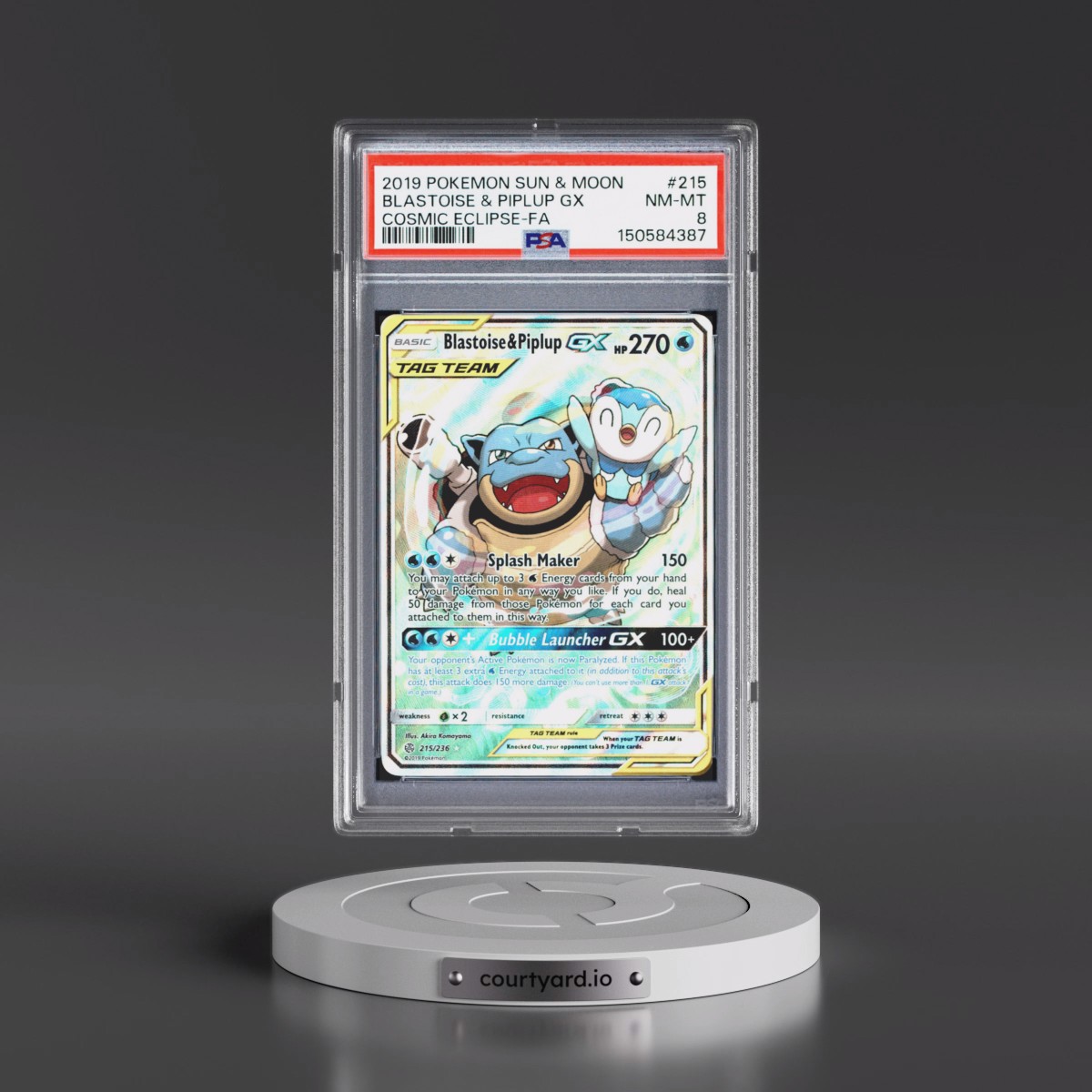 2019 Pokémon Sun & Moon Cosmic Eclipse #215 Blastoise & Piplup GX - Holo Full Art (PSA 8 NM-MT)