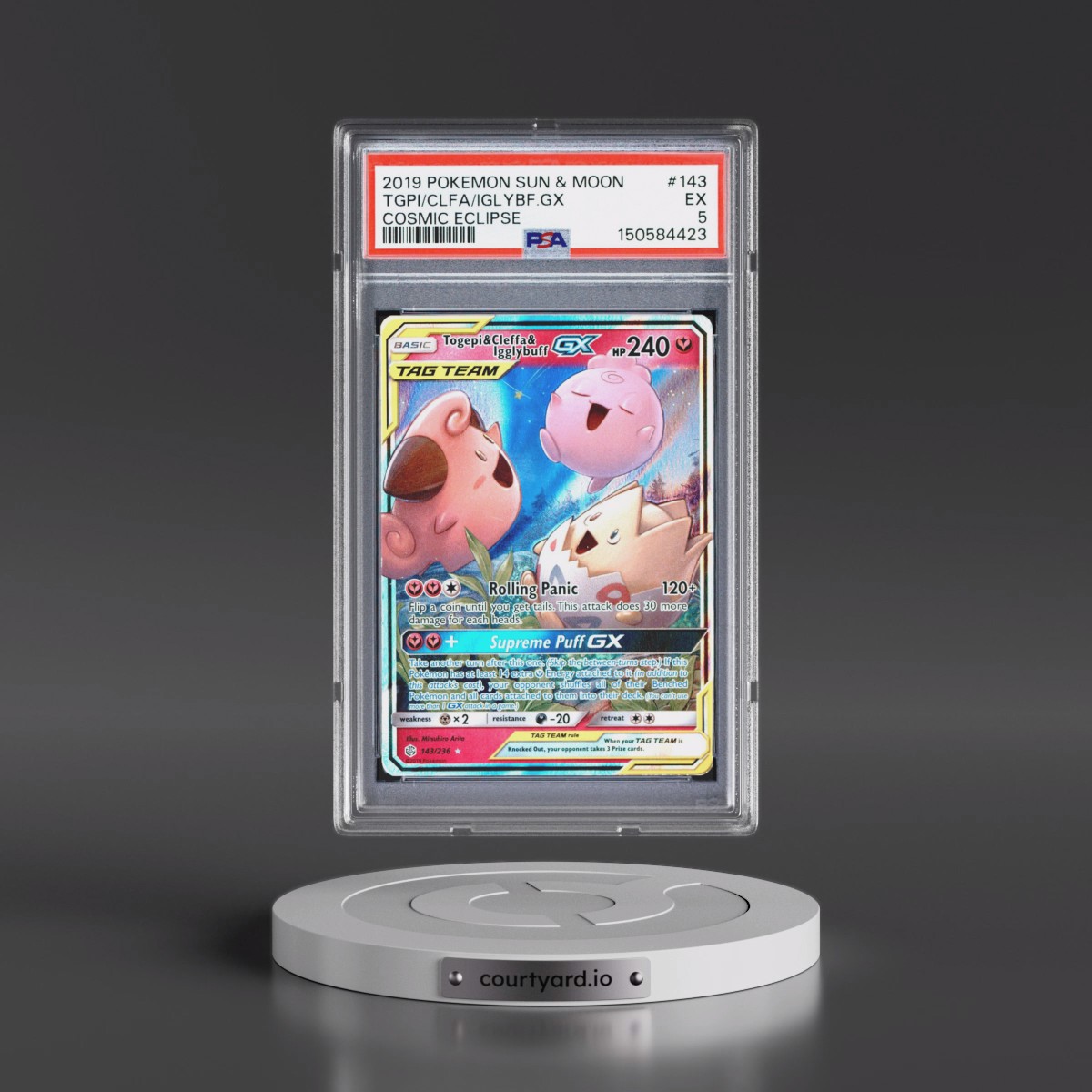 2019 Pokémon Sun & Moon Cosmic Eclipse #143 Togepi & Cleffa & Igglybuff GX - Holo (PSA 5 EX)