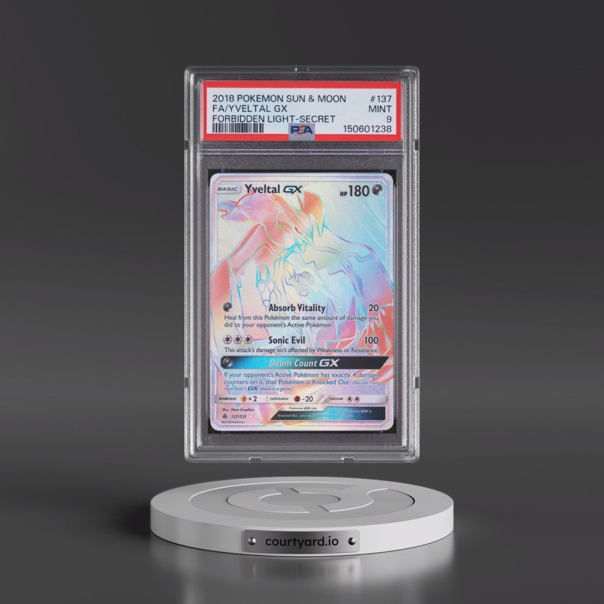 2018 Pokémon Sun & Moon Forbidden Light #137 Yveltal GX - Holo Full Art Secret (PSA 9 MINT)