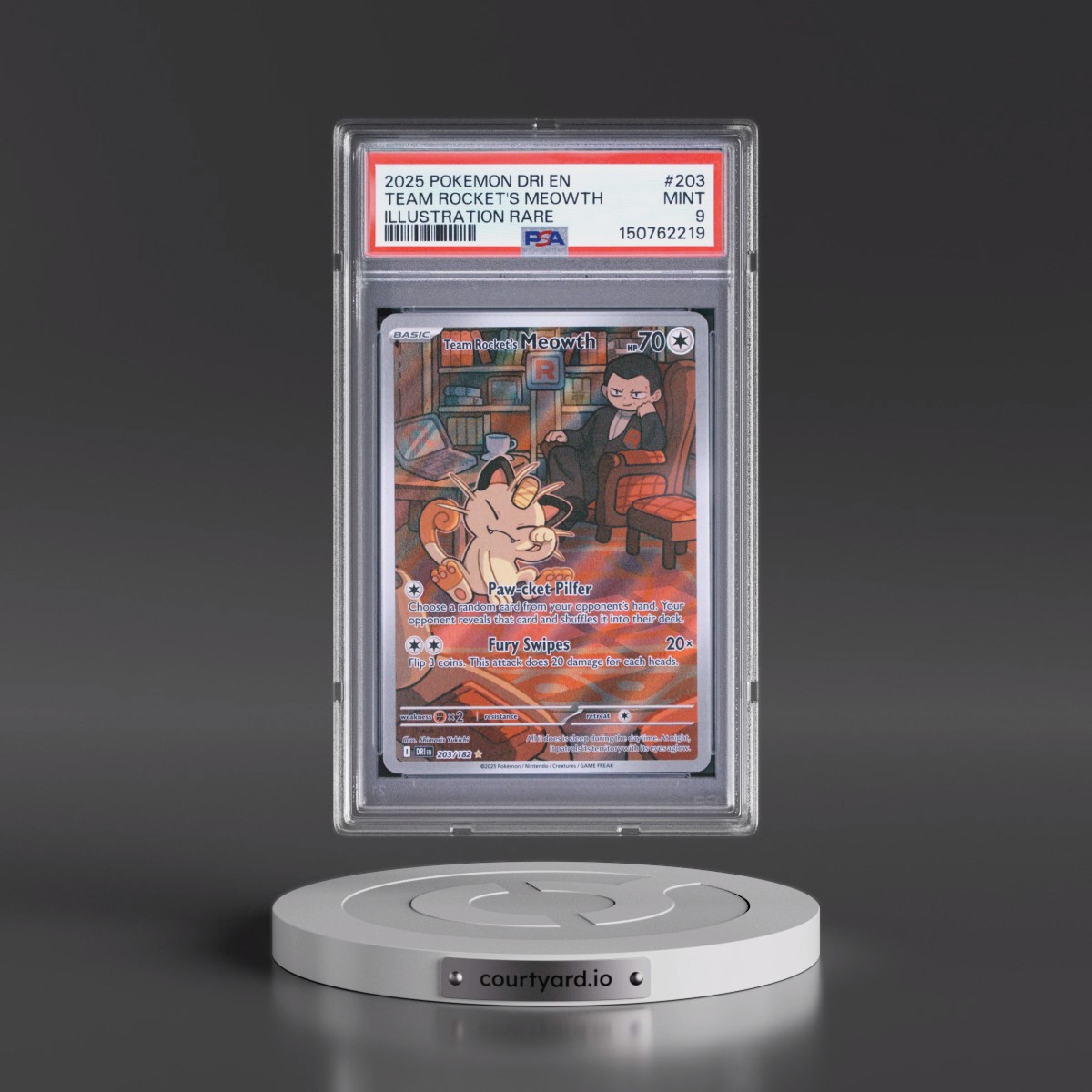 2025 Pokémon Dri EN-Destined Rivals #203 Team Rocket's Meowth - Illustration Rare (PSA 9 MINT)