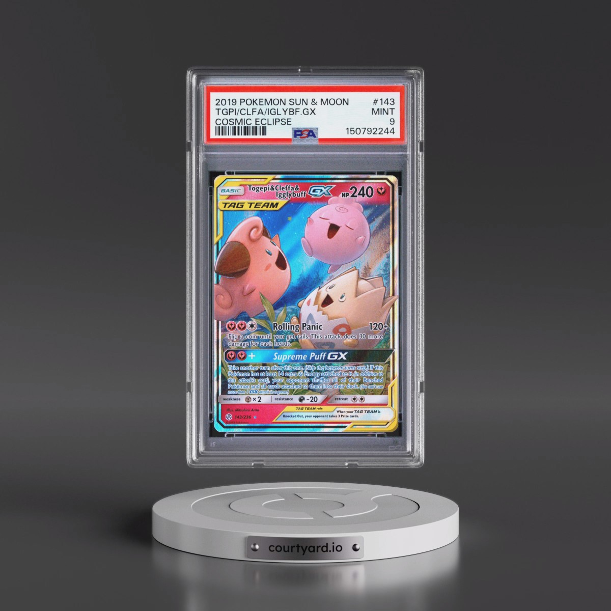 2019 Pokémon Sun & Moon Cosmic Eclipse #143 Togepi & Cleffa & Igglybuff GX - Holo (PSA 9 MINT)