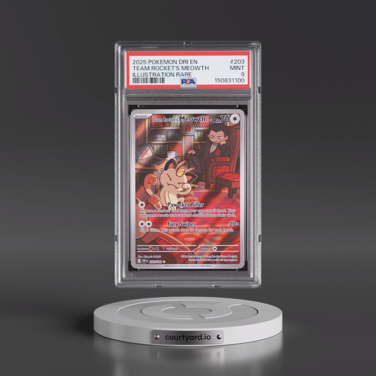 2025 Pokémon Dri EN-Destined Rivals #203 Team Rocket's Meowth - Illustration Rare (PSA 9 MINT)
