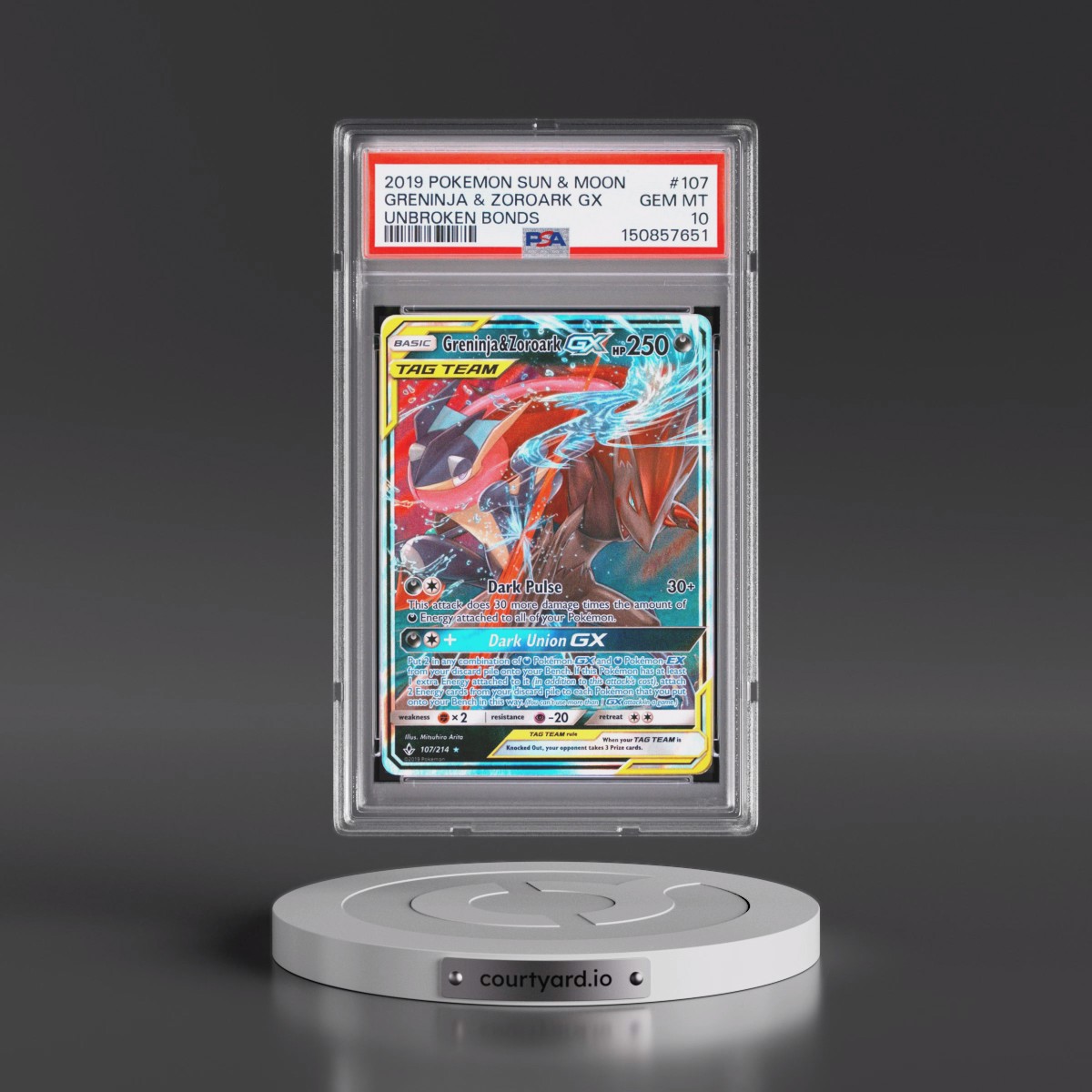 2019 Pokémon Sun & Moon Unbroken Bonds #107 Greninja & Zoroark GX - Holo (PSA 10 GEM MINT)