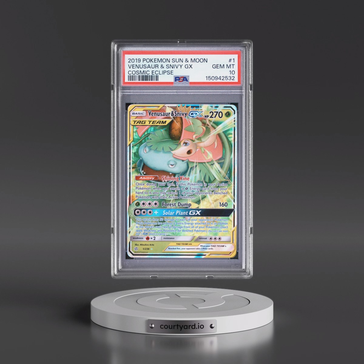 2019 Pokémon Sun & Moon Cosmic Eclipse #1 Venusaur & Snivy GX - Holo (PSA 10 GEM MINT)