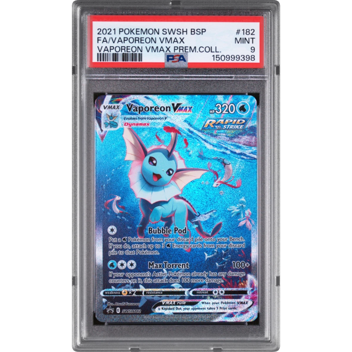 2021 Pokémon Swsh Black Star Promo #182 Vaporeon Vmax - Full Art Vaporeon Vmax Premium Collection (PSA 9 MINT)