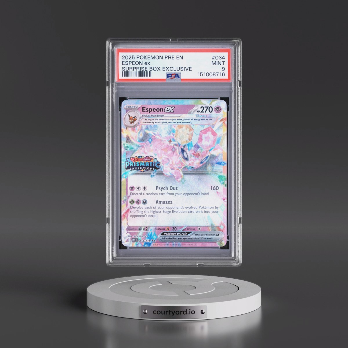 2025 Pokémon Pre EN-Prismatic Evolutions #034 Espeon EX - Holo Surprise Box Exclusive (PSA 9 MINT)