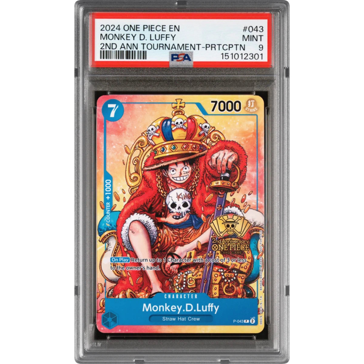 2024 One Piece Promos #043 Monkey D. Luffy - 2nd Anniversary Tournament-Participation (PSA 9 MINT)