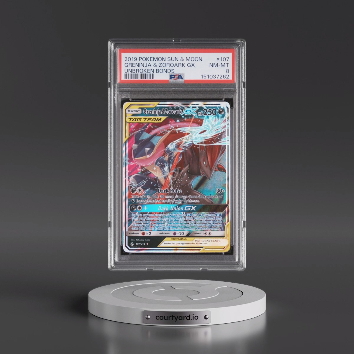 2019 Pokémon Sun & Moon Unbroken Bonds #107 Greninja & Zoroark GX - Holo (PSA 8 NM-MT)