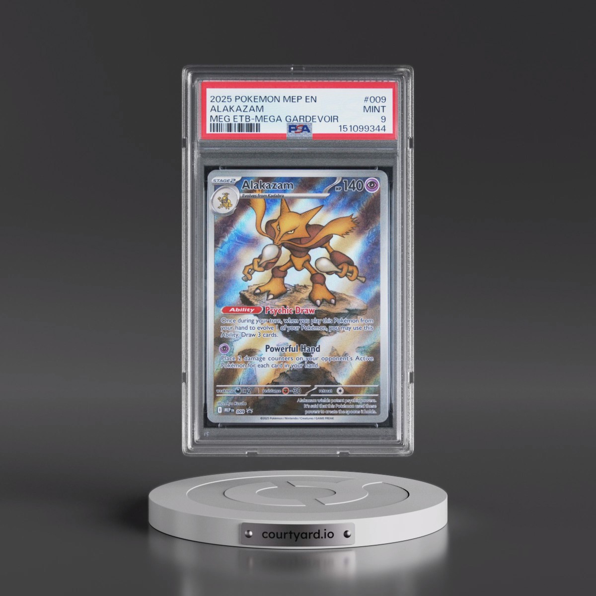 2025 Pokémon Mep EN-Me Black Star Promo #009 Alakazam - Mega Evolution Elite Trainer Box-Mega Gardevoir (PSA 9 MINT)