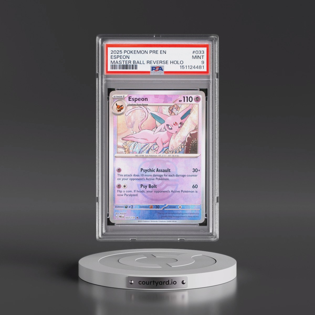 2025 Pokémon Pre EN-Prismatic Evolutions #033 Espeon - Reverse Holo Master Ball (PSA 9 MINT)