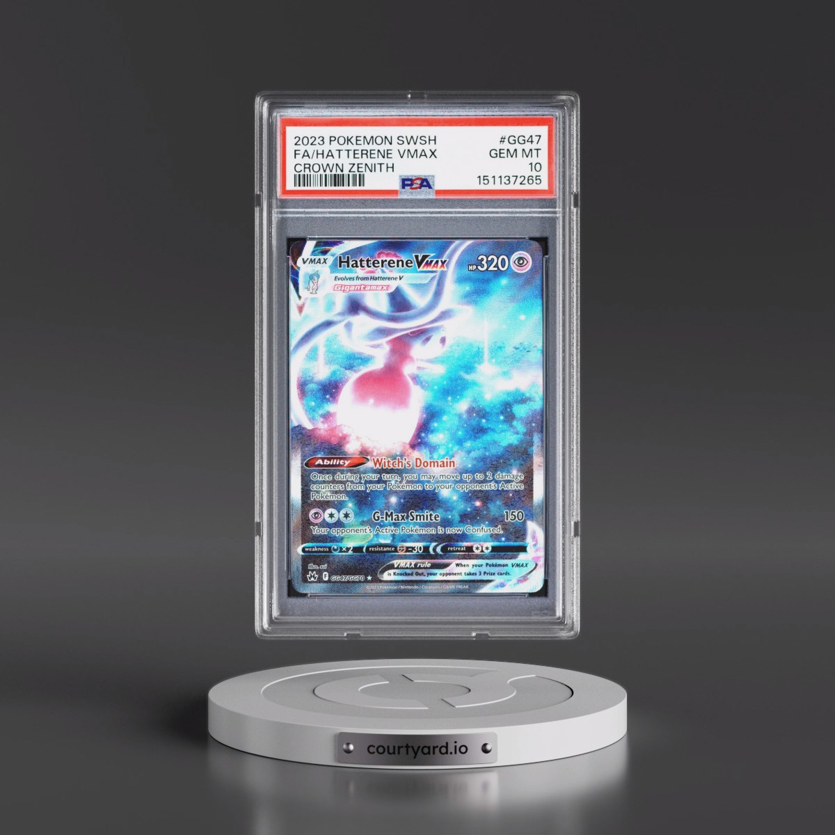 2023 Pokémon Sword and Shield Crown Zenith #GG47 Hatterene Vmax - Full Art (PSA 10 GEM MINT)