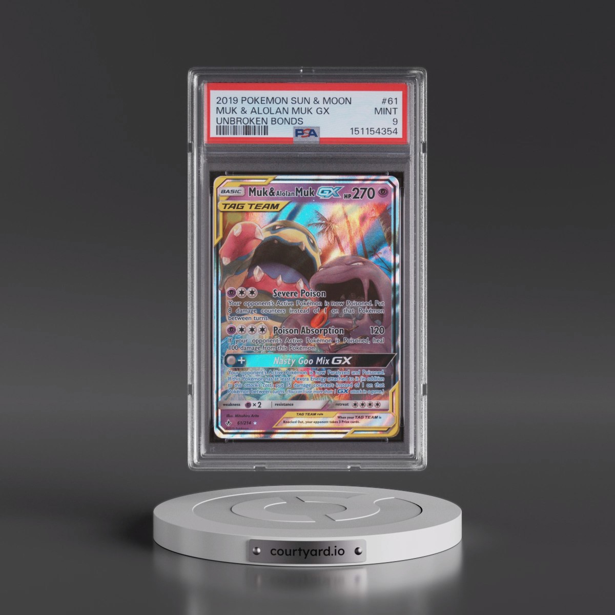 2019 Pokémon Sun & Moon Unbroken Bonds #61 Muk & Alolan Muk GX - Holo (PSA 9 MINT)