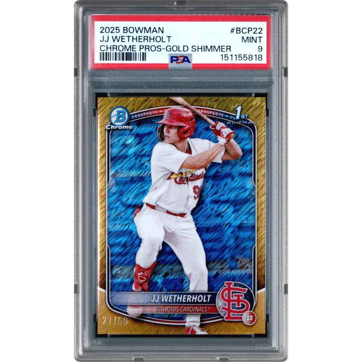 2025 Bowman Chrome Prospects #BCP22 JJ Wetherholt - Gold Shimmer (PSA 9 MINT)