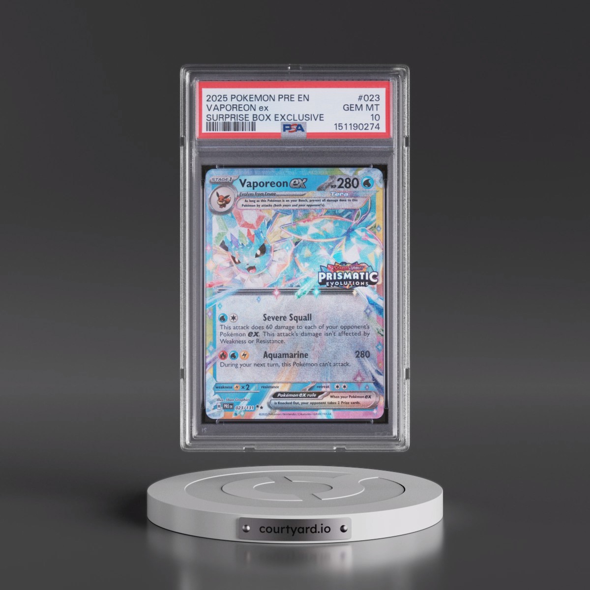 2025 Pokémon Pre EN-Prismatic Evolutions #023 Vaporeon EX - Holo Surprise Box Exclusive (PSA 10 GEM MINT)