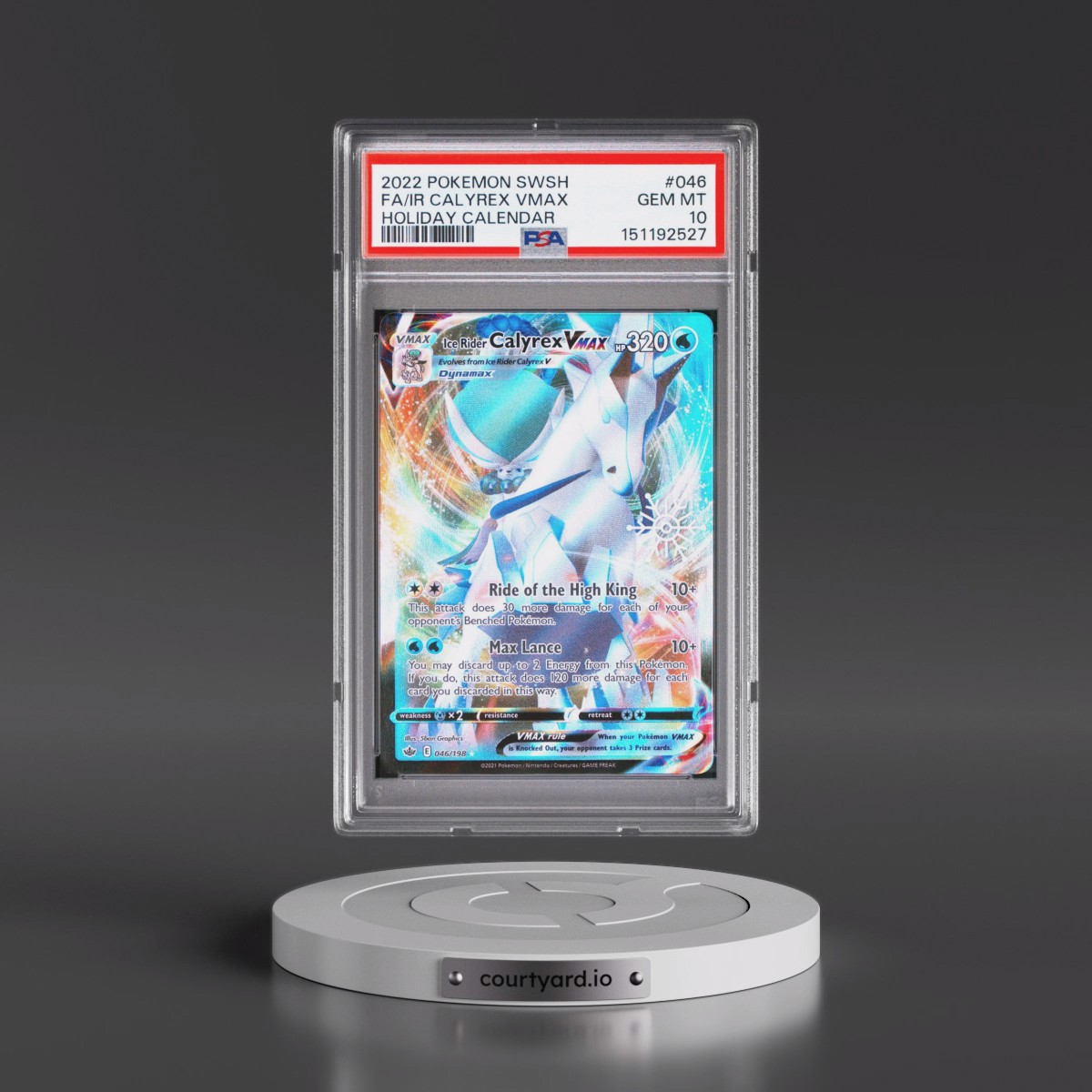 2021 Pokémon Sword & Shield Chilling Reign #046 Ice Rider Calyrex Vmax - Full Art Holiday Calendar 2022 (PSA 10 GEM MINT)