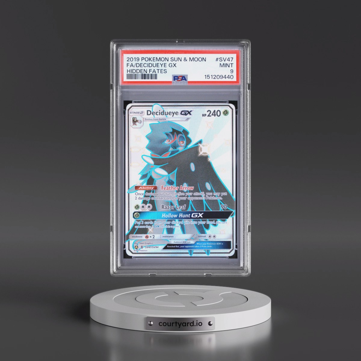2019 Pokémon Sun & Moon Hidden Fates #SV47 Decidueye GX - Holo Full Art (PSA 9 MINT)