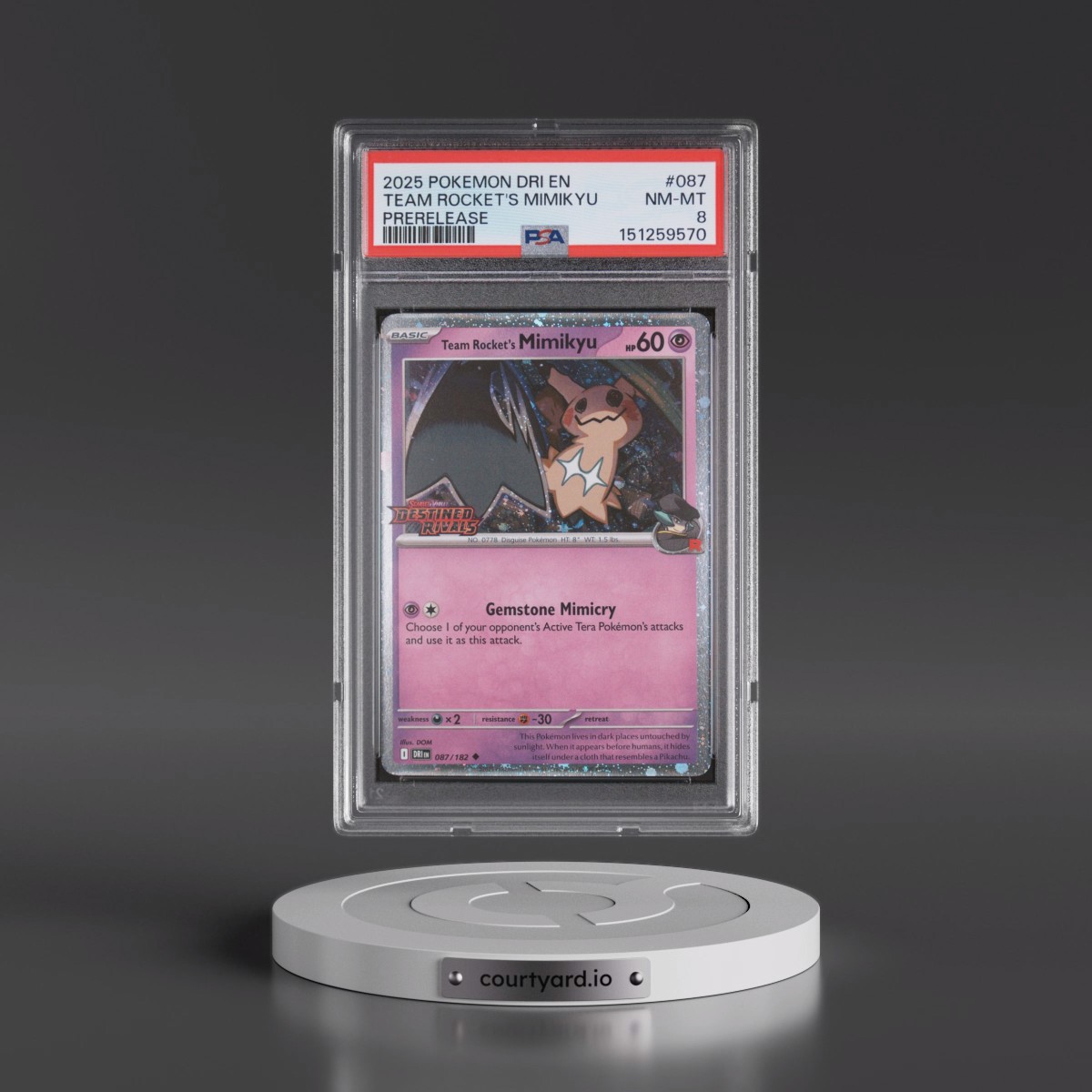 2025 Pokémon Dri EN-Destined Rivals #087 Team Rocket's Mimikyu - Prerelease (PSA 8 NM-MT)