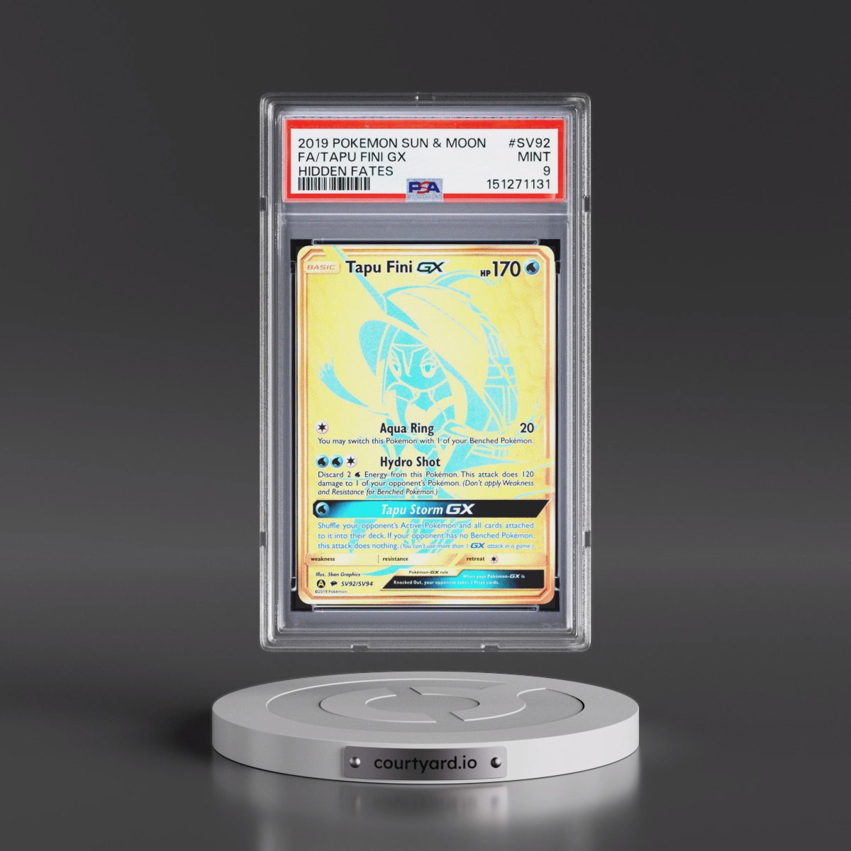 2019 Pokémon Sun & Moon Hidden Fates #SV92 Tapu Fini GX - Holo Full Art (PSA 9 MINT)