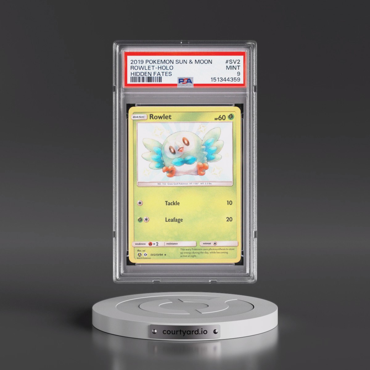 2019 Pokémon Sun & Moon Hidden Fates #SV2 Rowlet - Holo (PSA 9 MINT)