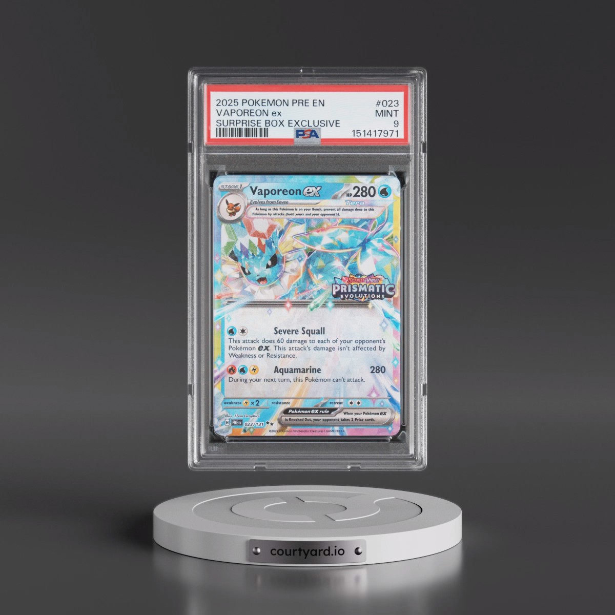 2025 Pokémon Pre EN-Prismatic Evolutions #023 Vaporeon EX - Holo Surprise Box Exclusive (PSA 9 MINT)