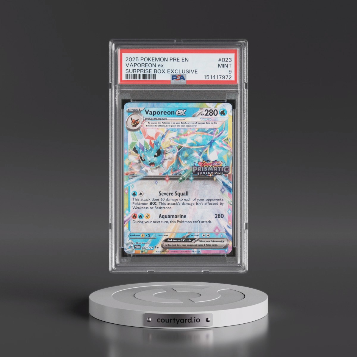 2025 Pokémon Pre EN-Prismatic Evolutions #023 Vaporeon EX - Holo Surprise Box Exclusive (PSA 9 MINT)