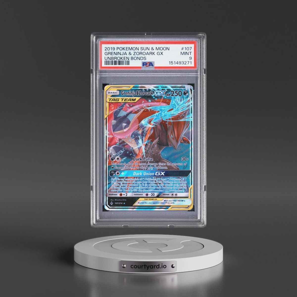 2019 Pokémon Sun & Moon Unbroken Bonds #107 Greninja & Zoroark GX - Holo (PSA 9 MINT)
