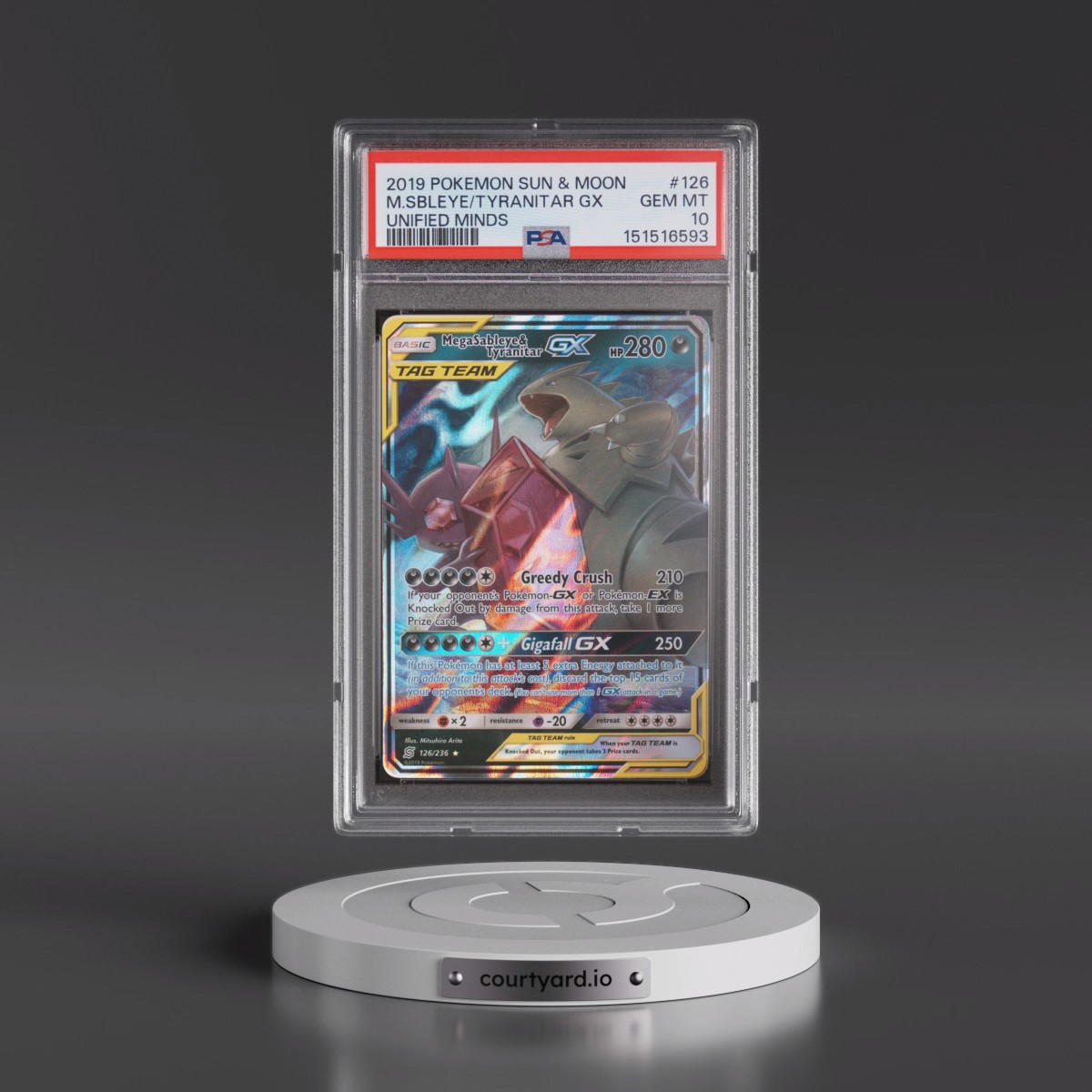 2019 Pokémon Sun & Moon Unified Minds #126 Mega Sableye & Tyranitar GX - Holo (PSA 10 GEM MINT)