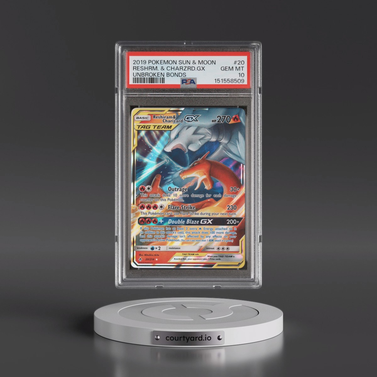 2019 Pokémon Sun & Moon Unbroken Bonds #20 Reshiram & Charizard GX - Holo (PSA 10 GEM MINT)