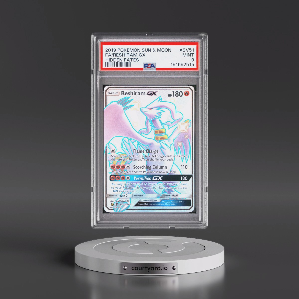 2019 Pokémon Sun & Moon Hidden Fates #SV51 Reshiram GX - Holo Full Art (PSA 9 MINT)