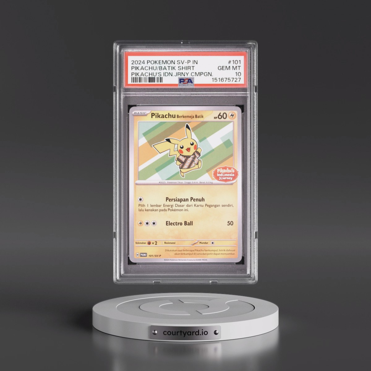 2024 Pokémon SV-P Promo #101 Pikachu in Batik Shirt - Pikachu's Indonesia Journey Campaign (PSA 10 GEM MINT)