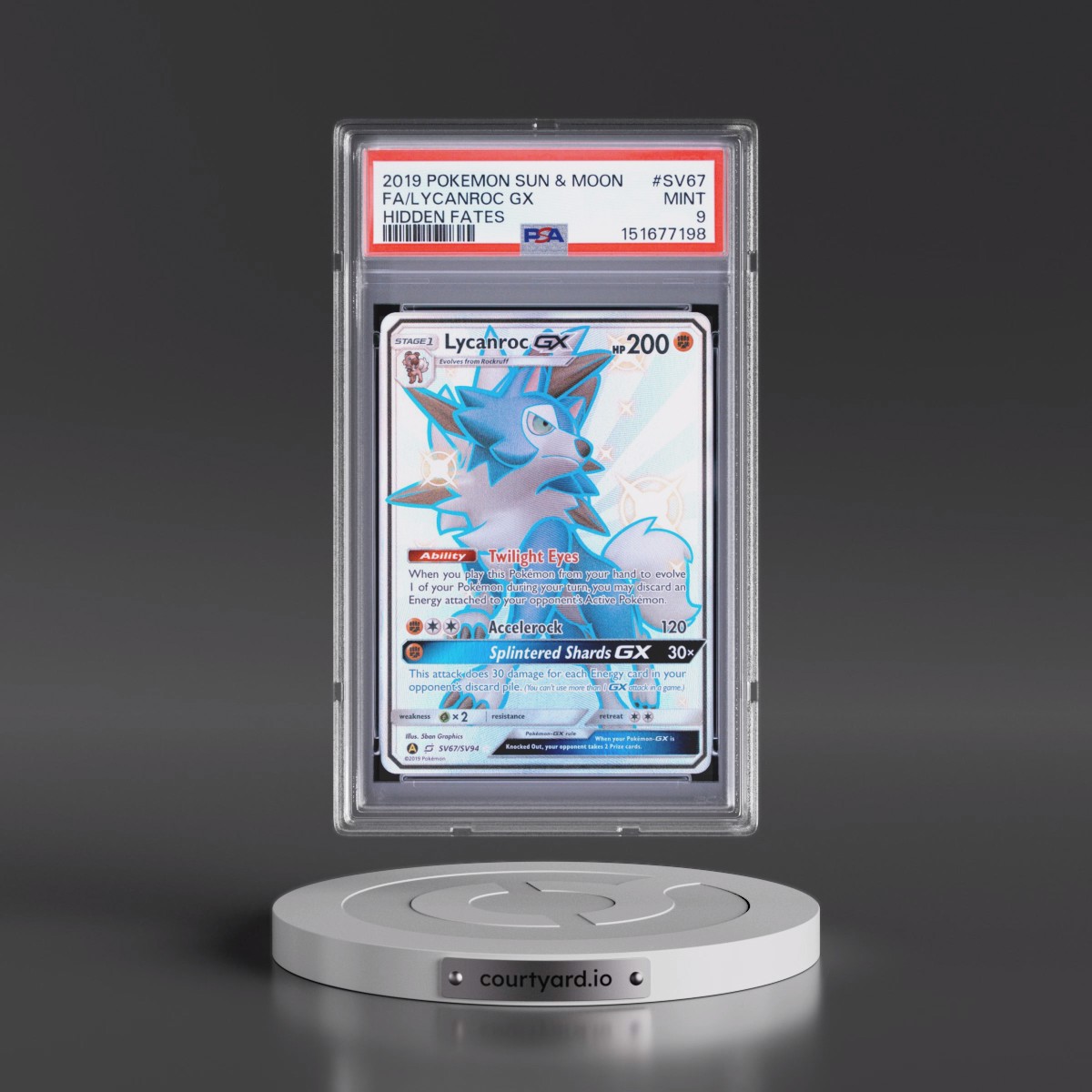 2019 Pokémon Sun & Moon Hidden Fates #SV67 Lycanroc GX - Holo Full Art (PSA 9 MINT)