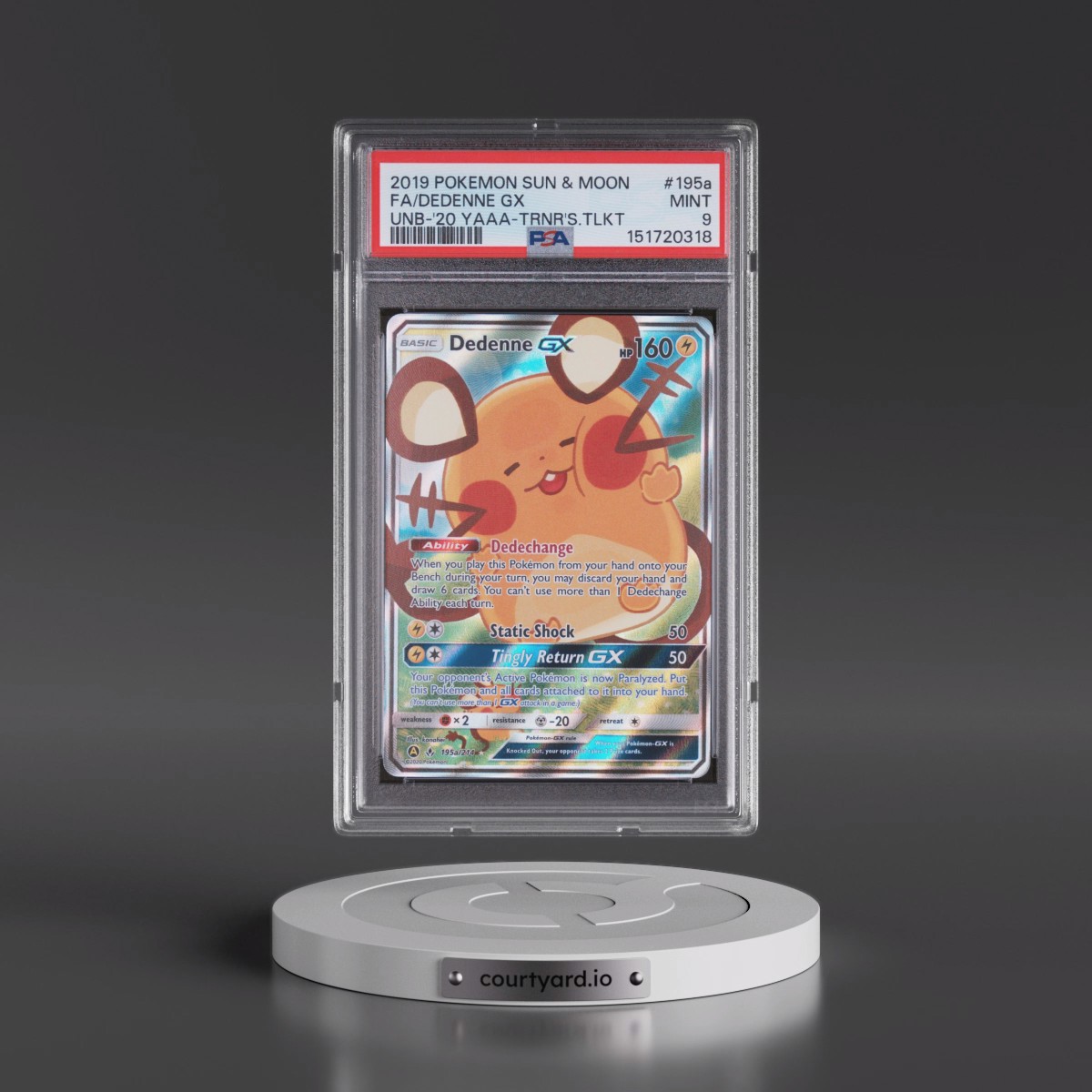 2019 Pokémon Sun & Moon Unbroken Bonds #195a Dedenne GX - Holo Full Art 2020 Yellow A Alternate Art Trainer's Toolkit (PSA 9 MINT)