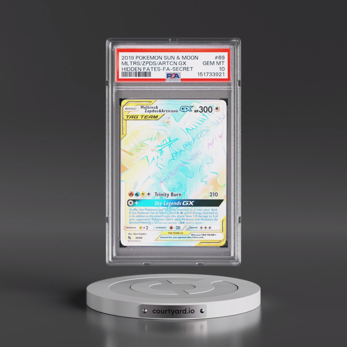 2019 Pokémon Sun & Moon Hidden Fates #69 Moltres & Zapdos & Articuno GX - Holo Full Art Secret (PSA 10 GEM MINT)