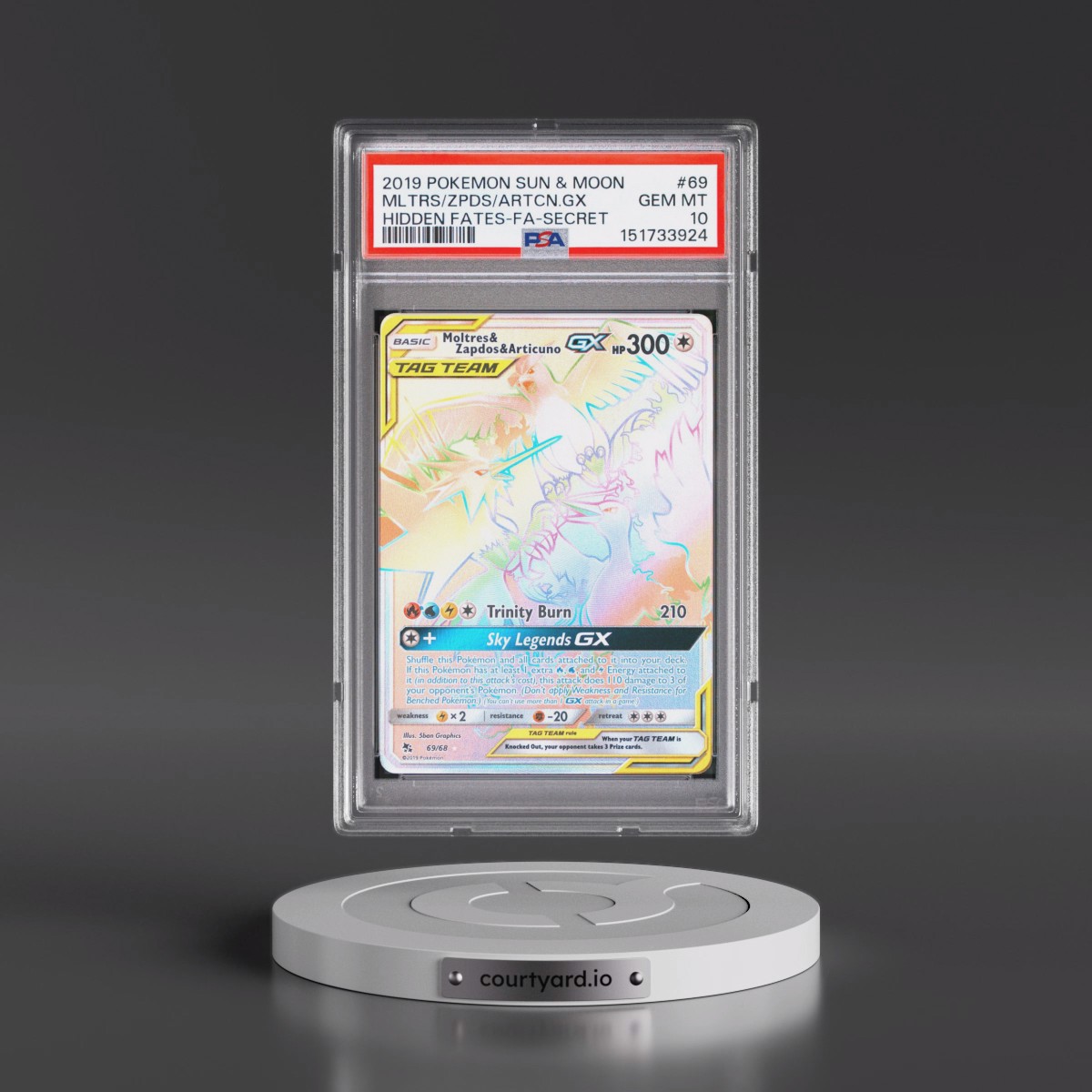 2019 Pokémon Sun & Moon Hidden Fates #69 Moltres & Zapdos & Articuno GX - Holo Full Art Secret (PSA 10 GEM MINT)