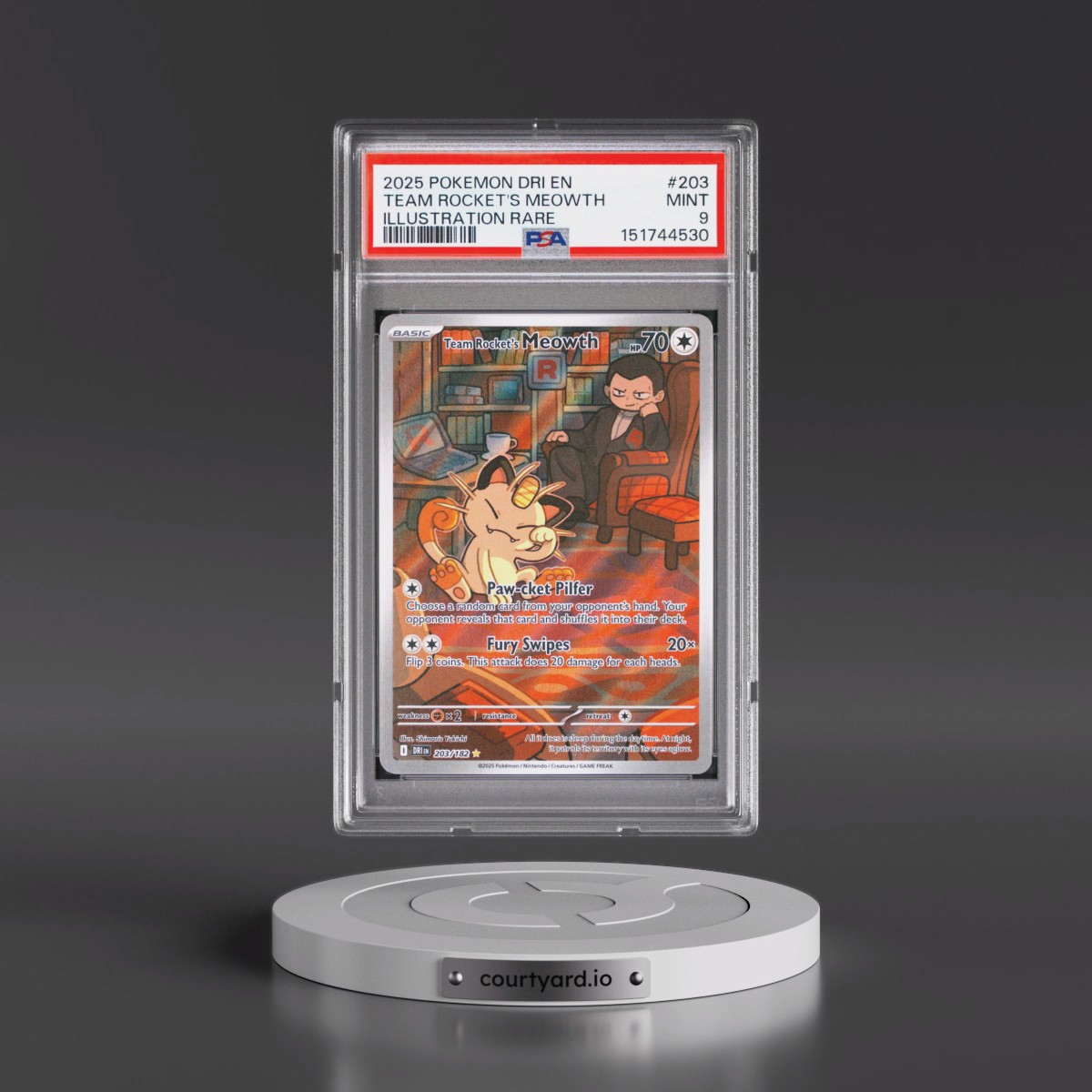 2025 Pokémon Dri EN-Destined Rivals #203 Team Rocket's Meowth - Illustration Rare (PSA 9 MINT)