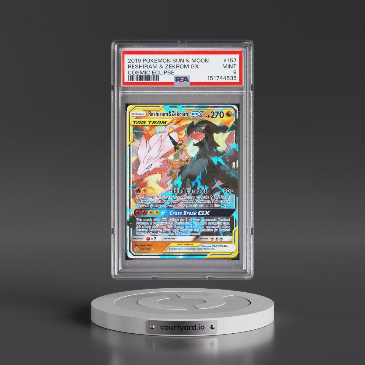 2019 Pokémon Sun & Moon Cosmic Eclipse #157 Reshiram & Zekrom GX - Holo (PSA 9 MINT)