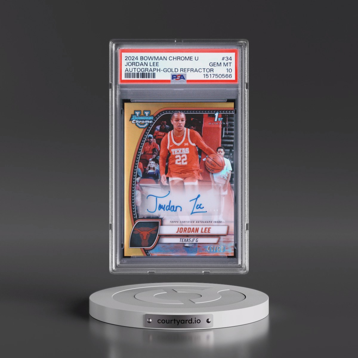 2024 Bowman Chrome University Jordan Lee - Autograph-Gold Refractor #34 PSA 10