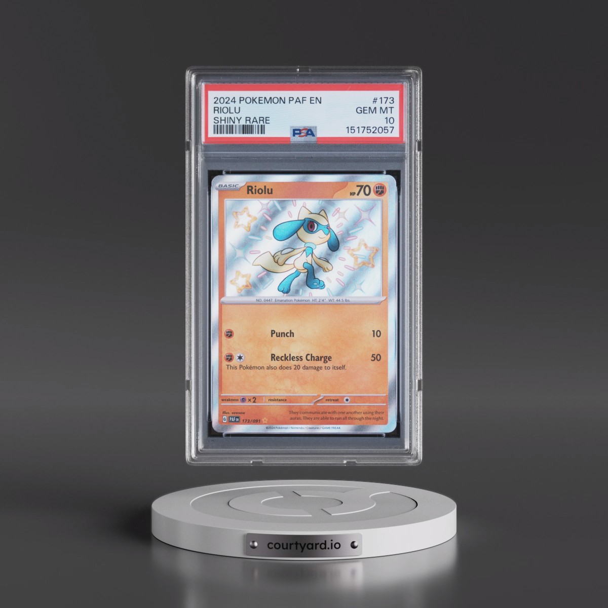 2024 Pokémon Paf EN-Paldean Fates #173 Riolu - Shiny Rare (PSA 10 GEM MINT)