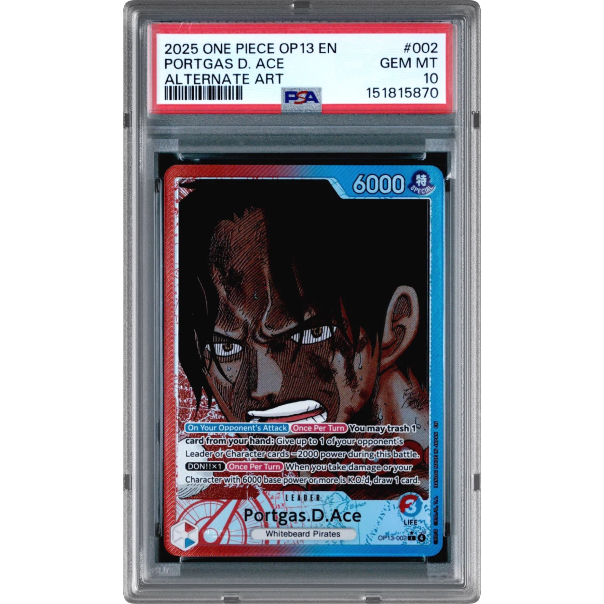 2025 One Piece OP13-Carrying on His Will #002 Portgas D. Ace - Alternate Art (PSA 10 GEM MINT)