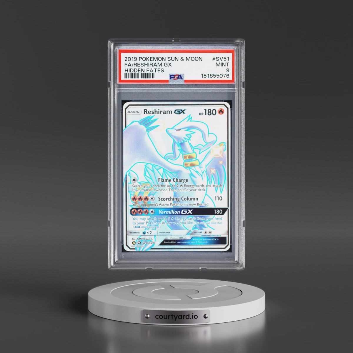 2019 Pokémon Sun & Moon Hidden Fates #SV51 Reshiram GX - Holo Full Art (PSA 9 MINT)
