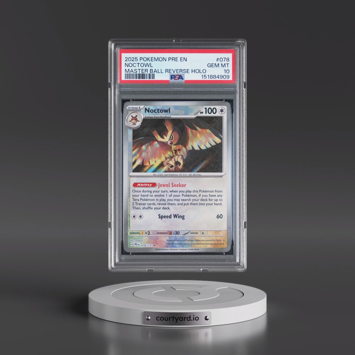 2025 Pokémon Pre EN-Prismatic Evolutions #078 Noctowl - Reverse Holo Master Ball (PSA 10 GEM MINT)